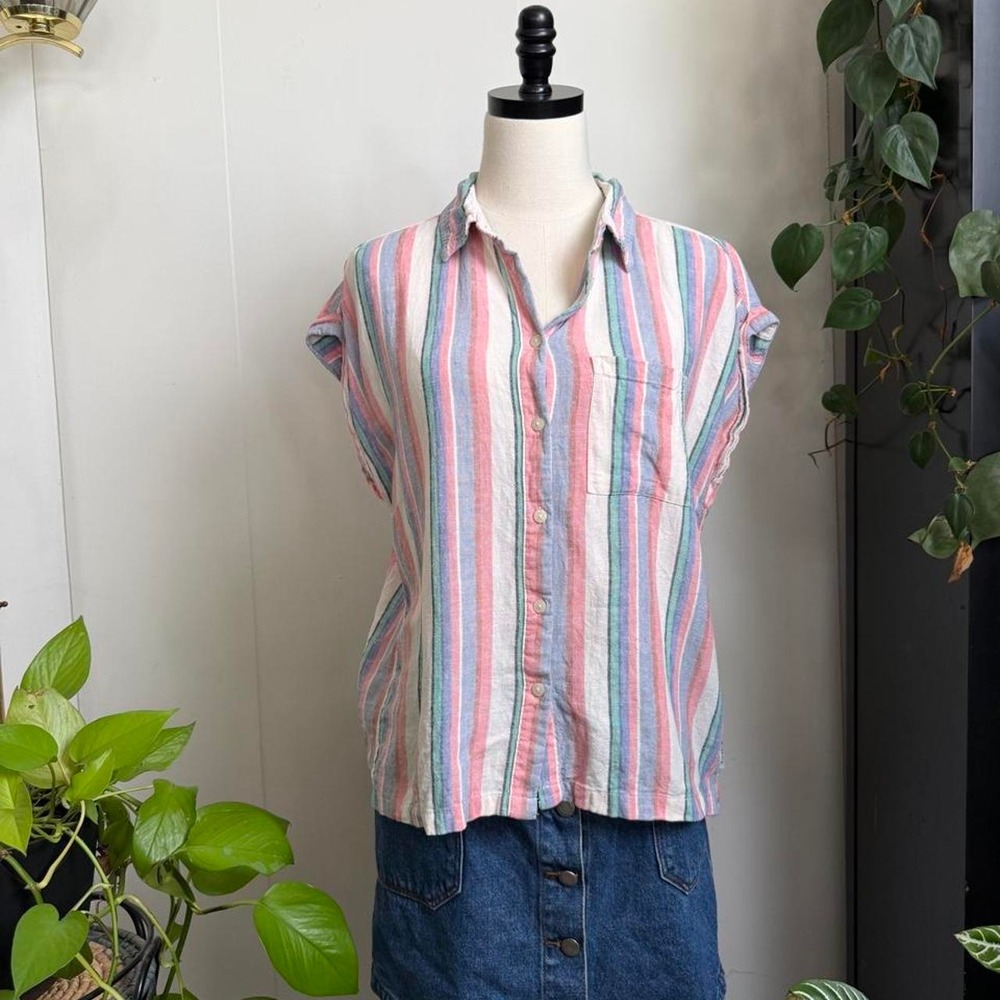 Orvis Womens Medium Linen Blend Striped Button Front Capped Sleeve Top Pink Blue